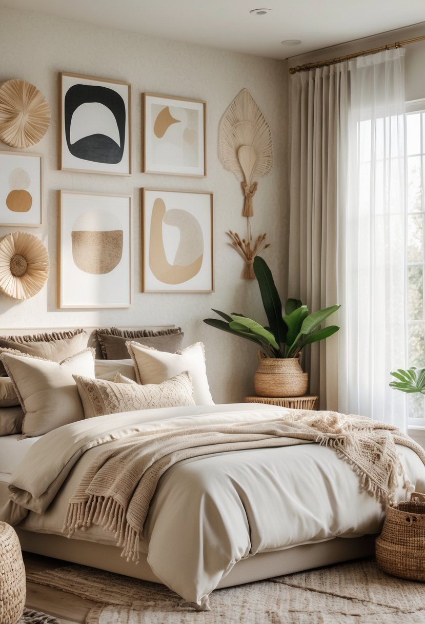 A cozy bedroom with a bed, layered bedding, framed artwork on the wall, textured walls, natural light, and wooden furniture.
