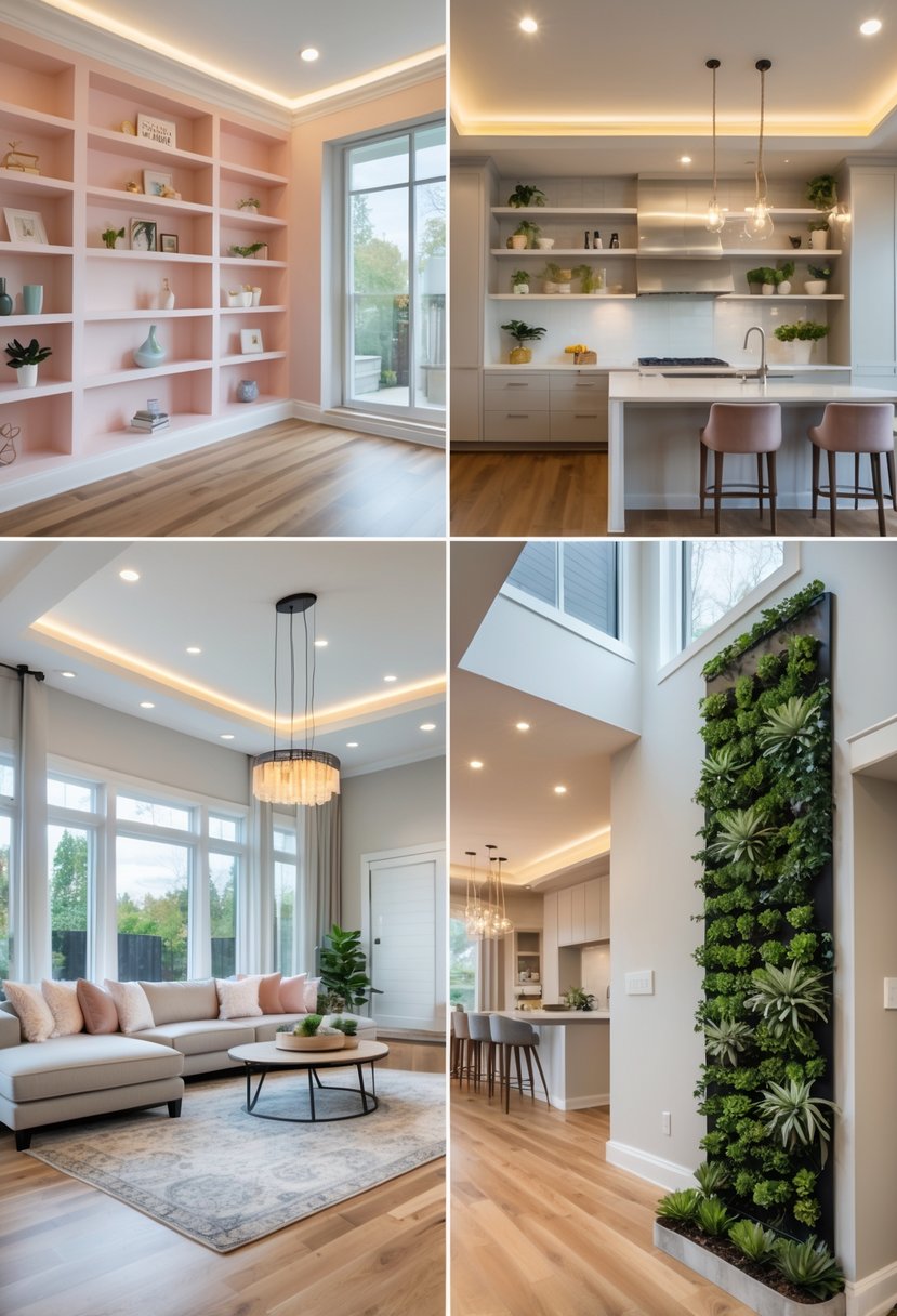 A modern living room displaying various home renovation features including an accent wall, built-in shelves, open kitchen, hardwood floors, large windows, recessed lighting, and an indoor vertical garden.