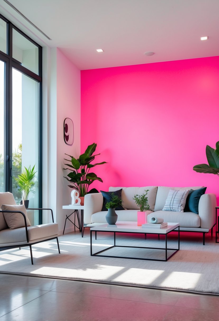 Living room with one neon pink accent wall and modern furniture.