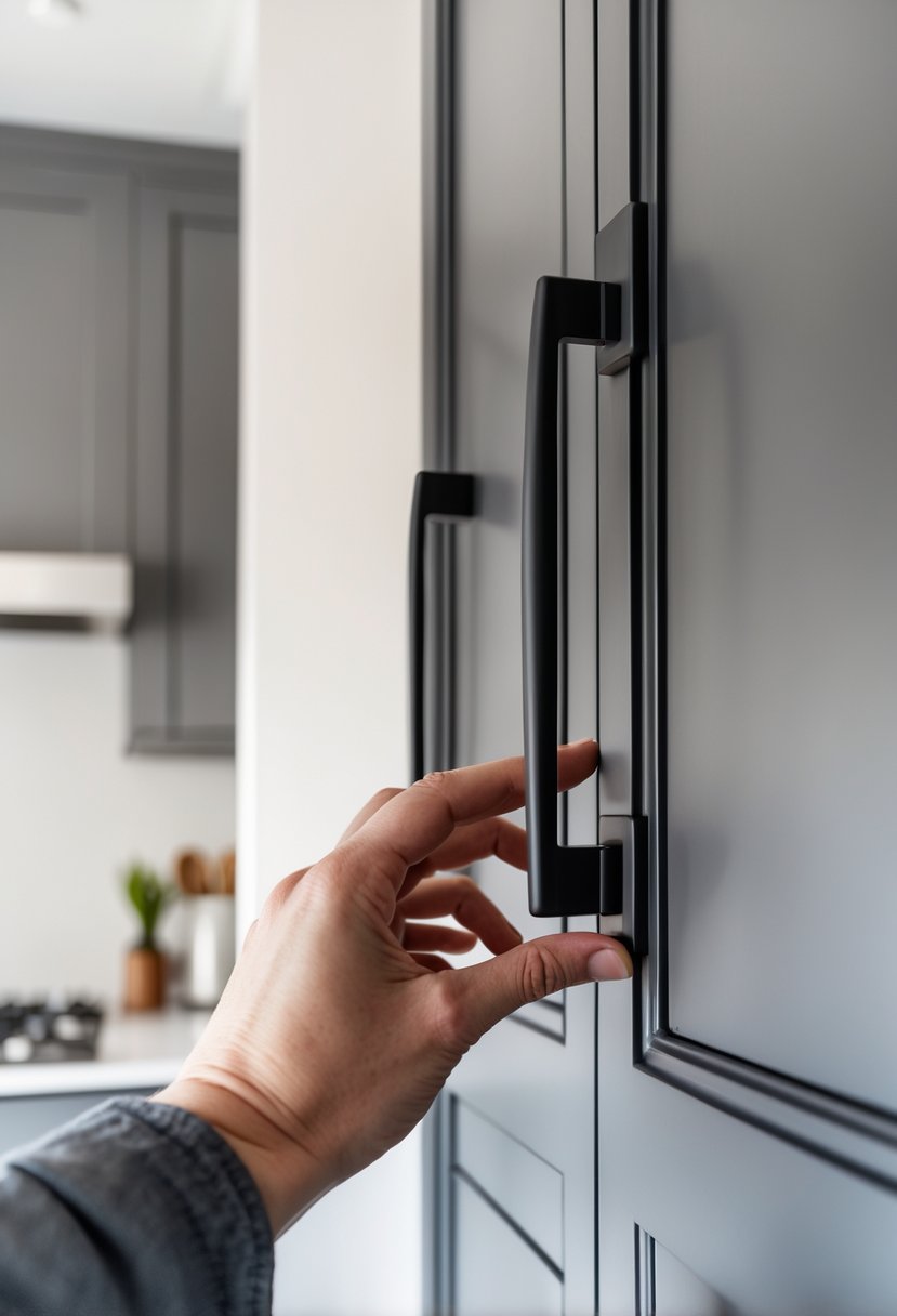 A hand replacing old cabinet handles with new matte black handles on a kitchen cabinet.