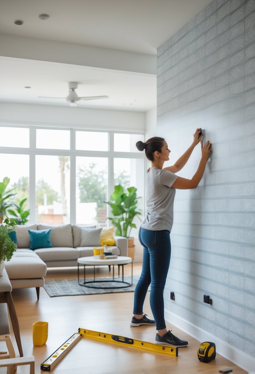 Person applying peel-and-stick wallpaper on a wall in a bright living room with furniture and plants.
