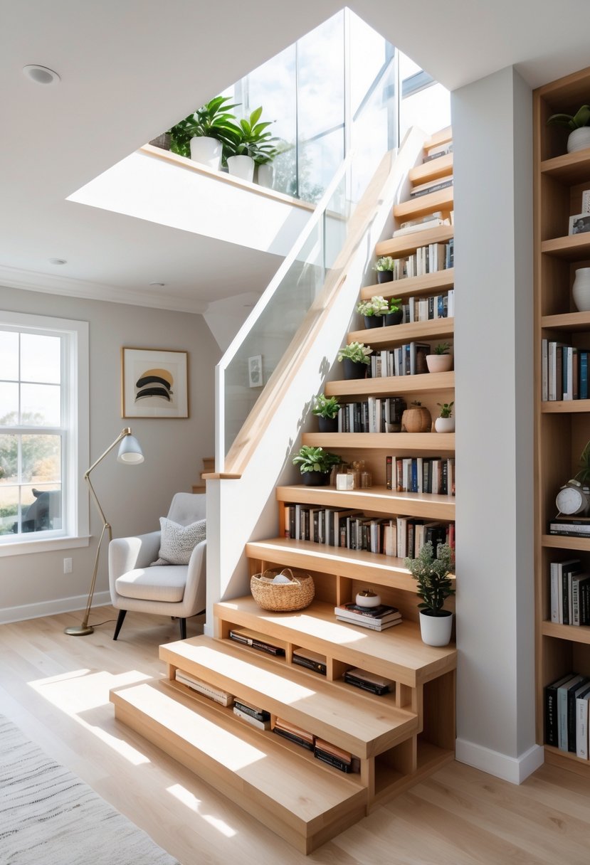 A staircase converted into a bookshelf with books and plants neatly arranged on the steps in a bright, tidy living space.