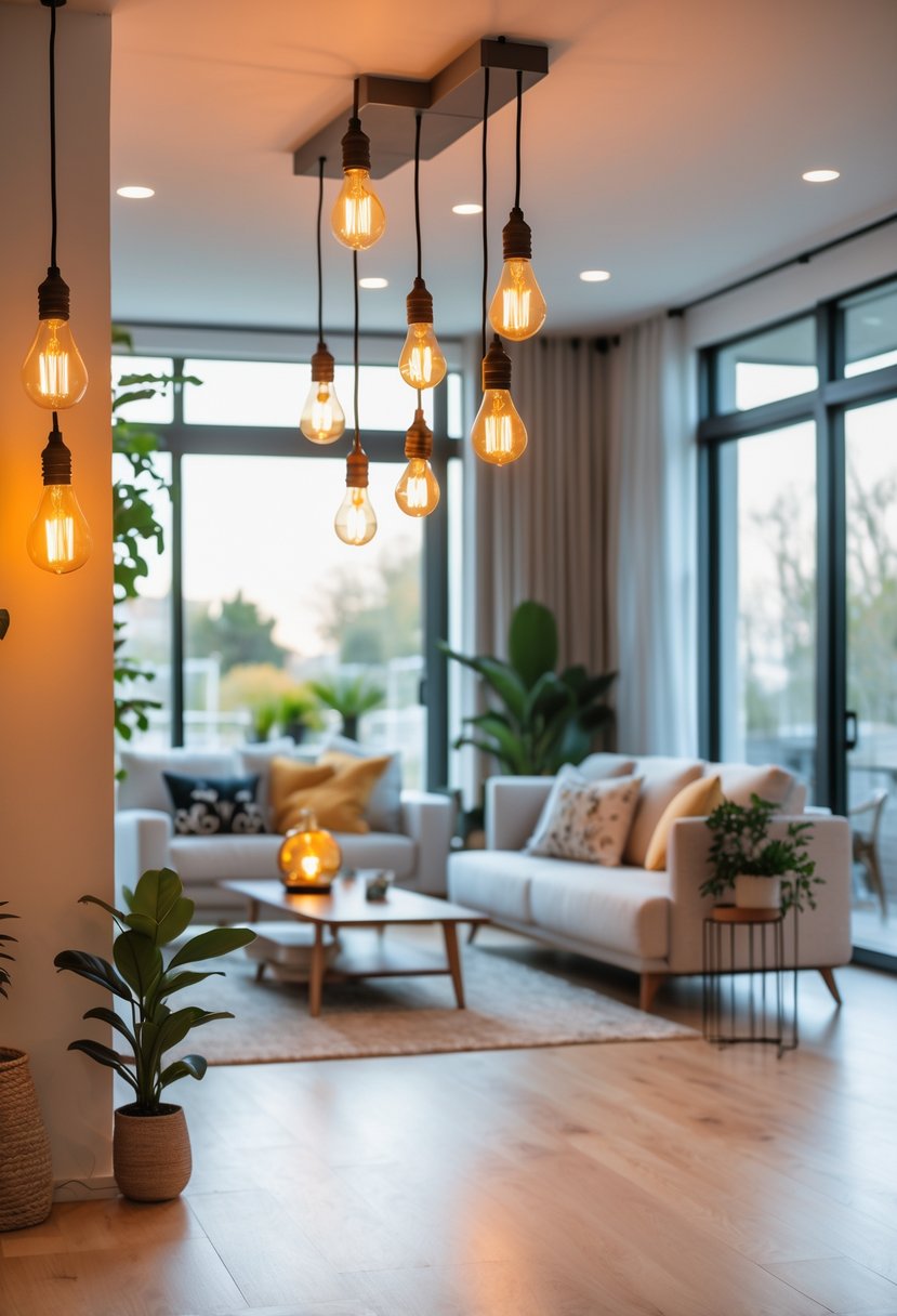 A modern living room with vintage Edison light bulbs hanging from ceiling fixtures, casting a warm glow over the space.
