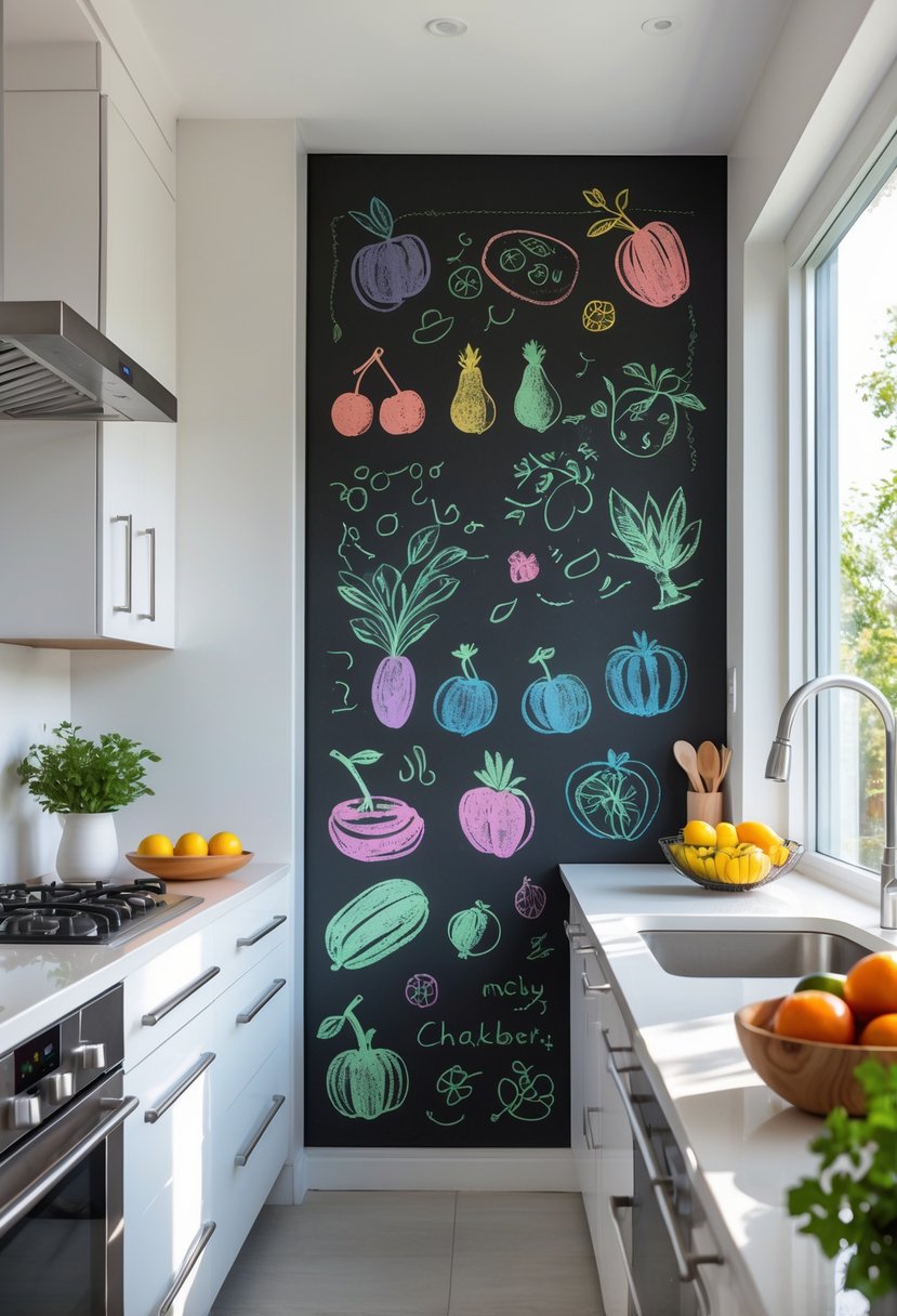 A modern kitchen with a large chalkboard wall covered in colorful drawings and sketches next to white cabinets and stainless steel appliances.