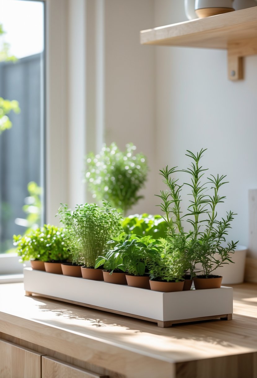 A mini indoor herb garden with small pots of thyme, basil, and rosemary on a kitchen countertop near a sunny window.