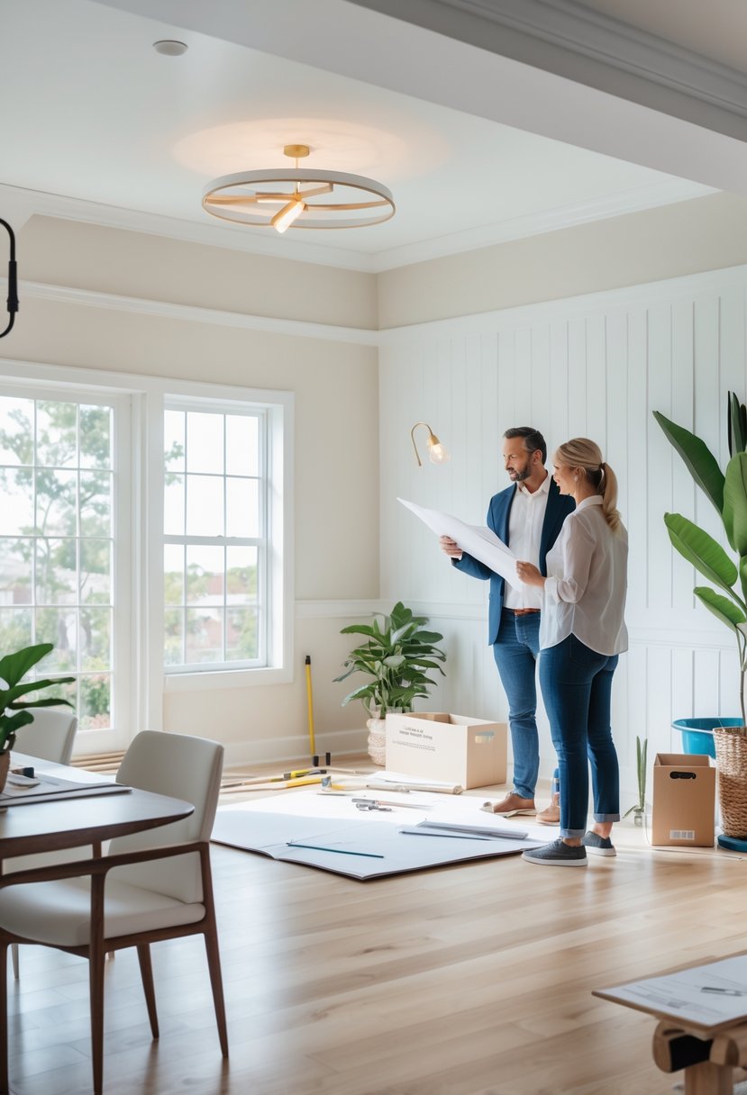 A couple reviewing home renovation plans in a bright living room with new flooring and fresh paint.