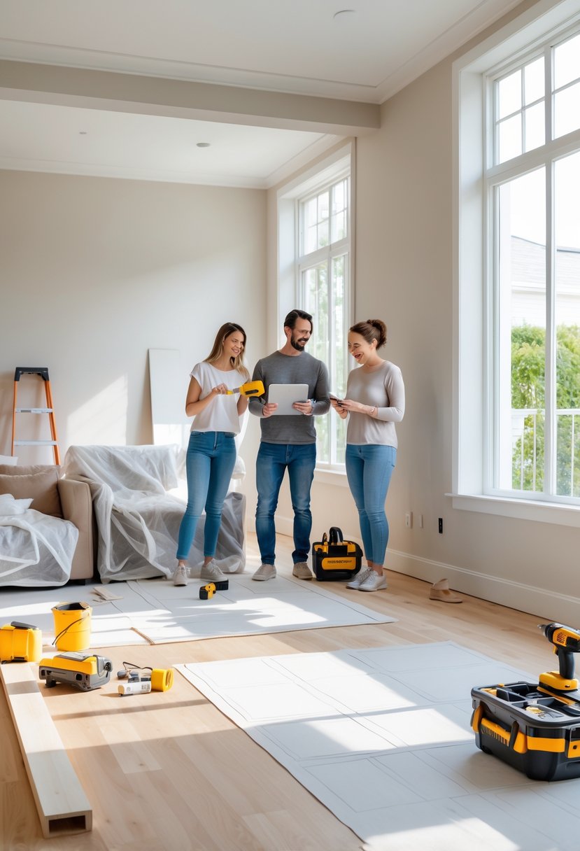 A family planning a home renovation in a bright living room with tools and materials around, showing progress and organization.