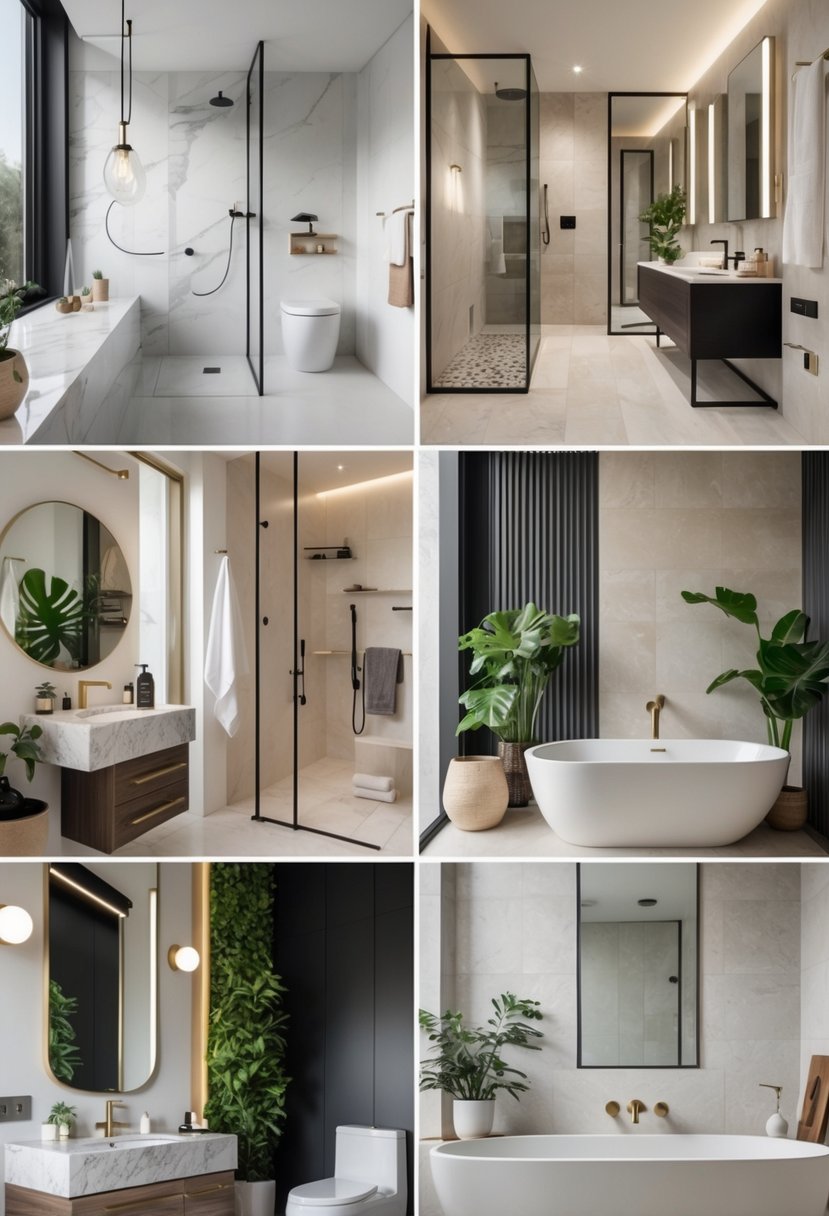 A collage of seven small luxury bathrooms featuring elegant fixtures, bathtubs, showers, vanities, and decorative plants.