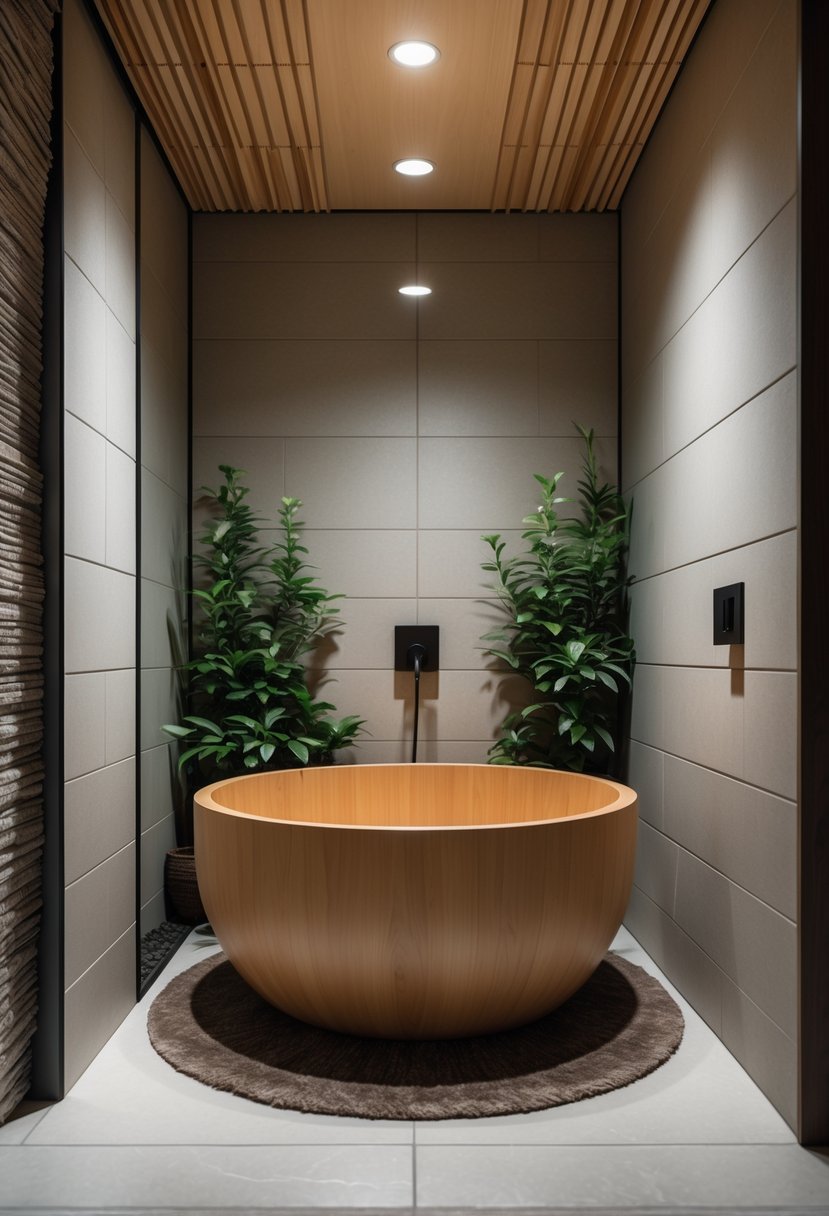 A small bathroom with a deep wooden Japanese soaking tub surrounded by stone tiles and plants, designed for relaxation in a limited space.