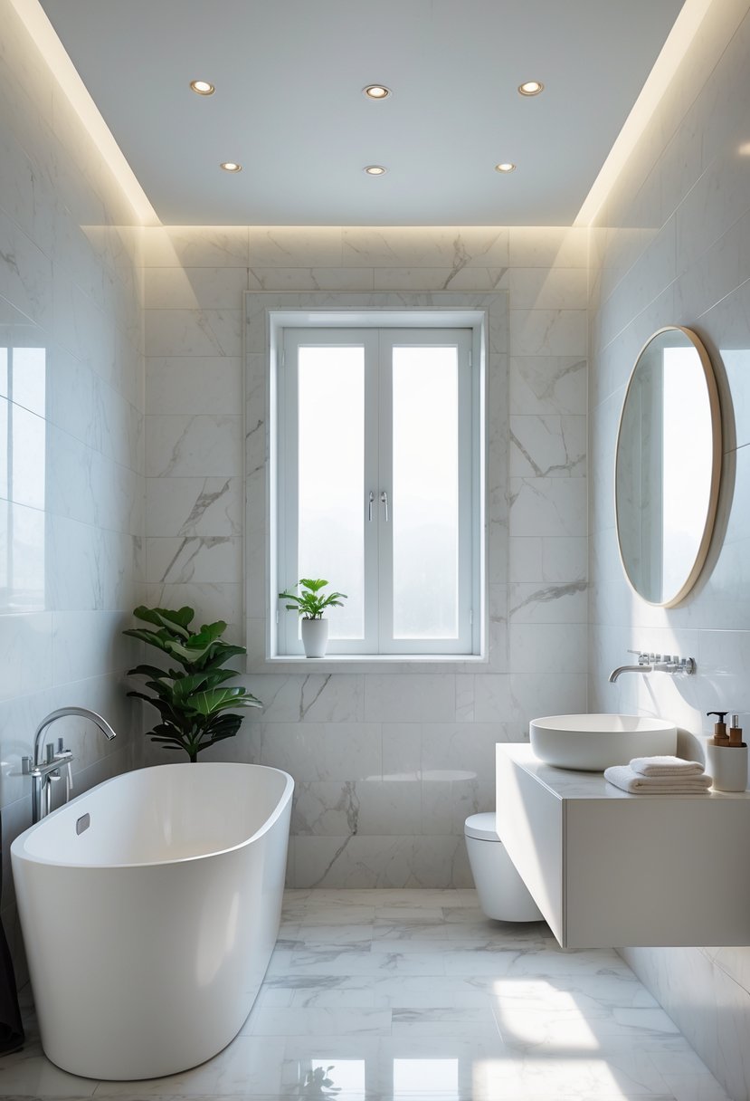 Small bathroom with marble tile walls and floor, a freestanding bathtub, floating vanity with mirror, and natural light coming through a window.