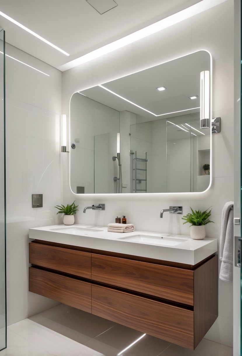A small bathroom with floating vanities mounted on the wall, showing open floor space beneath and modern fixtures.
