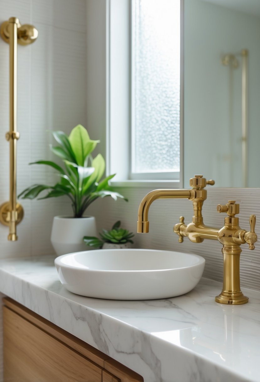 A small bathroom with brass fixtures, a white marble countertop, a vessel sink, and a small potted plant.