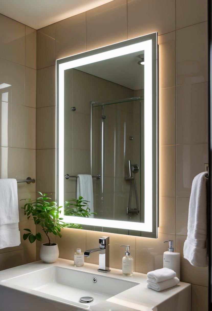 Small luxury bathroom with a backlit mirror, sink, and decorative elements.