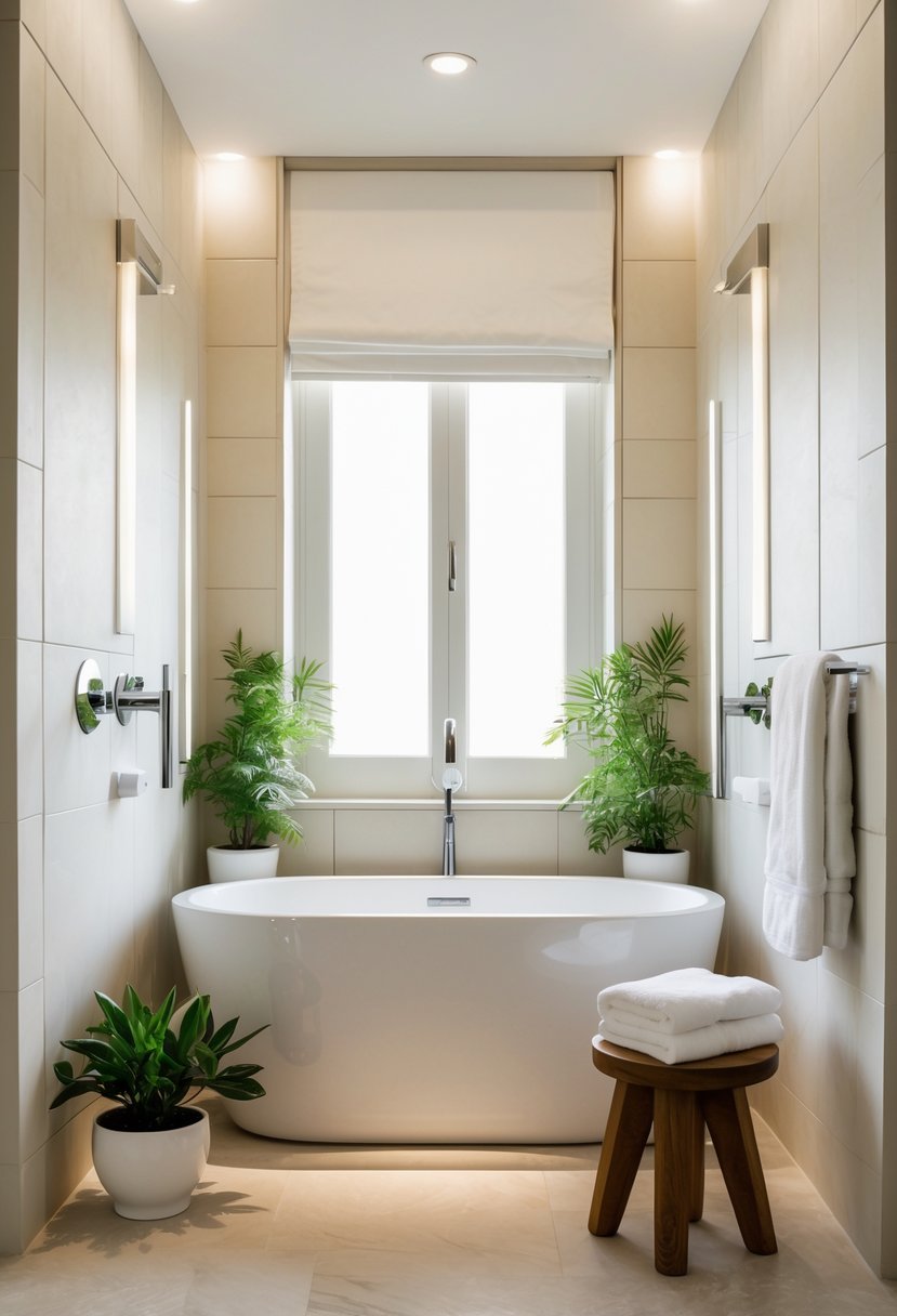 A small bathroom with a compact freestanding bathtub, plants, and modern fixtures.