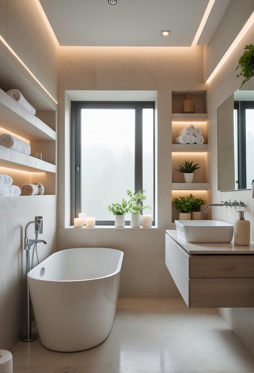 Small luxury bathroom with recessed shelves holding towels and toiletries, a freestanding bathtub, and a modern vanity.