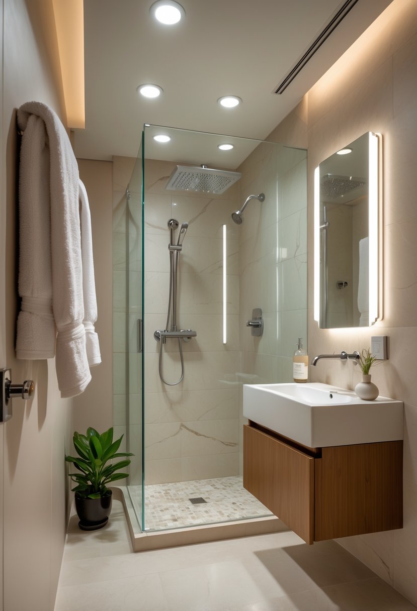 A small luxury bathroom with a wall-mounted vanity, glass shower enclosure, marble tiles, and decorative plants.