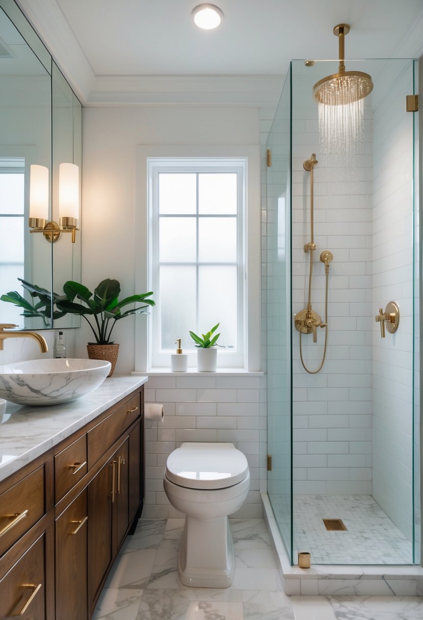 A small bathroom with a marble countertop, vessel sink, glass shower, and a small plant on the counter.