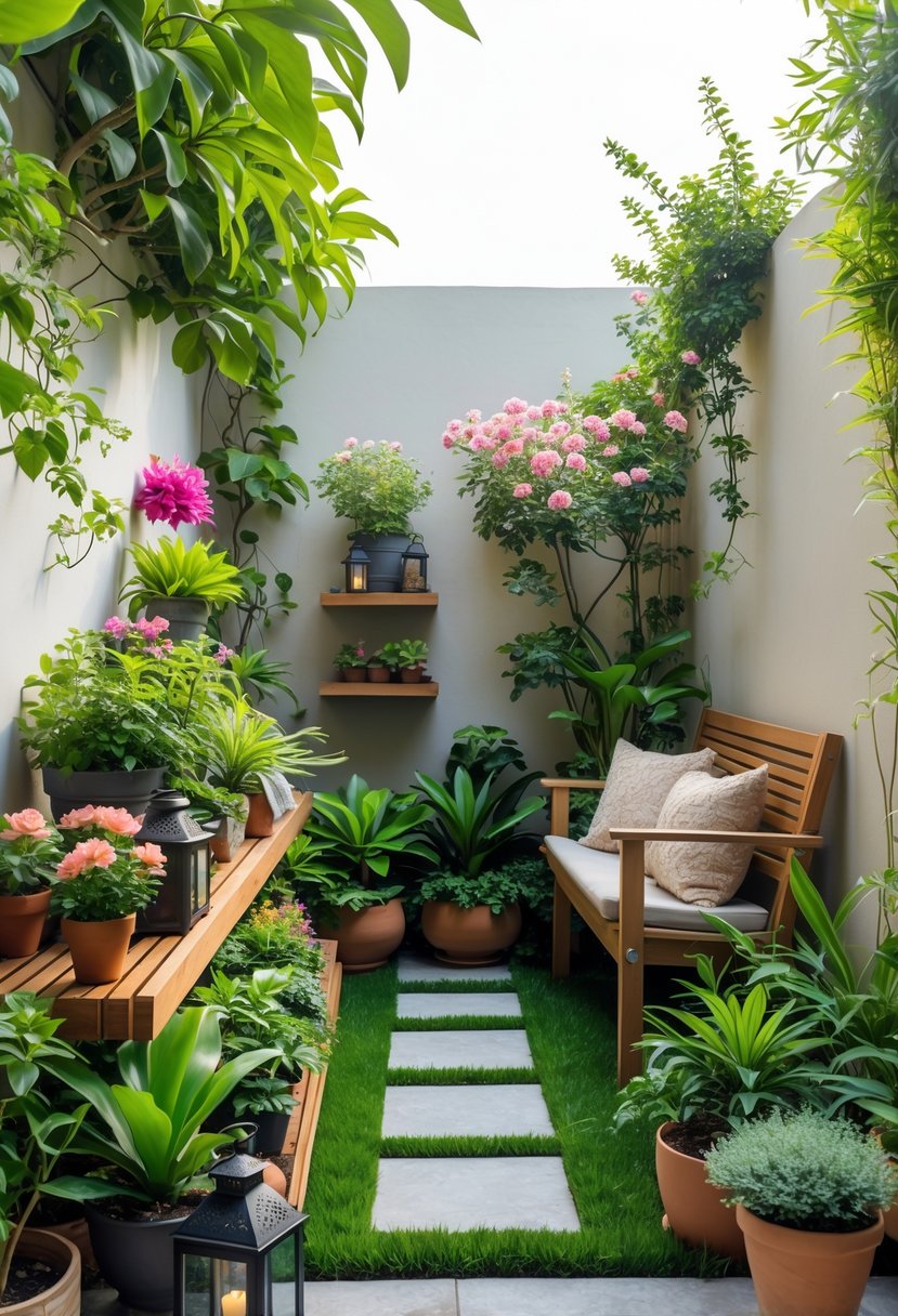 A small garden with green plants, colorful flowers, a wooden bench with cushions, and decorative elements like lanterns and climbing vines.