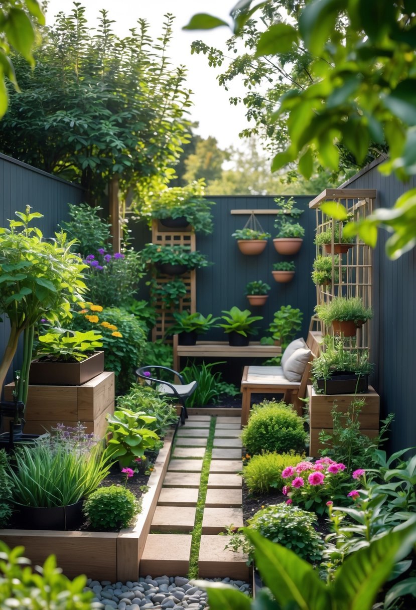 A small garden with green plants, colorful flowers, stone pathways, wooden planters, and a cozy seating area.