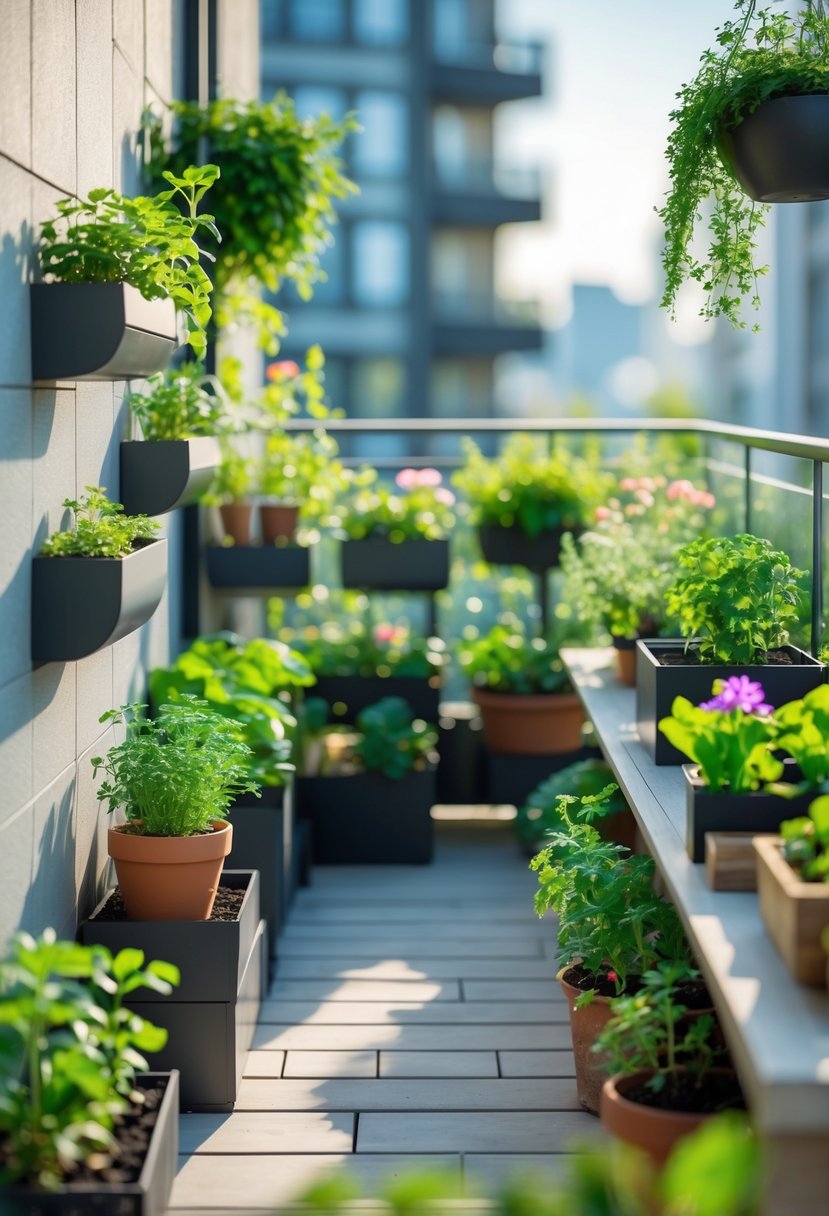 A small urban balcony garden with vertical planters, hanging pots, and tiered stands filled with green plants and flowers.