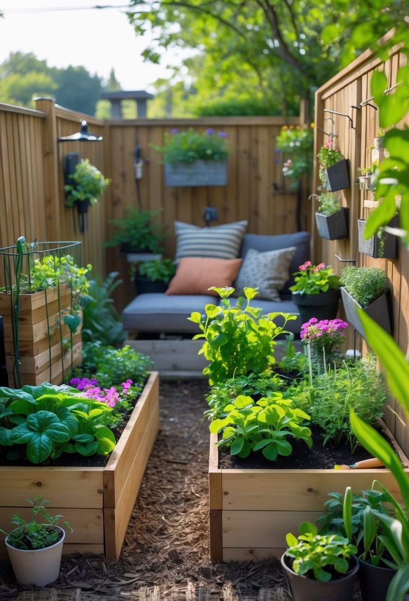 A small, well-organized garden with raised beds, potted plants, and vertical planters in a backyard setting.