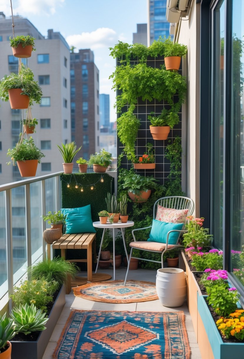 Five small garden balconies, each with different plants and seating arrangements, overlooking a cityscape.