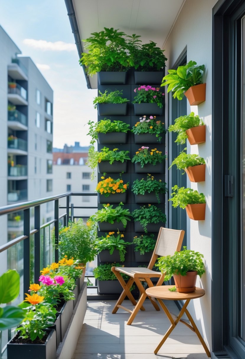 A small balcony with vertical planter walls filled with green plants and flowers, a wooden chair, and a side table in an urban apartment setting.