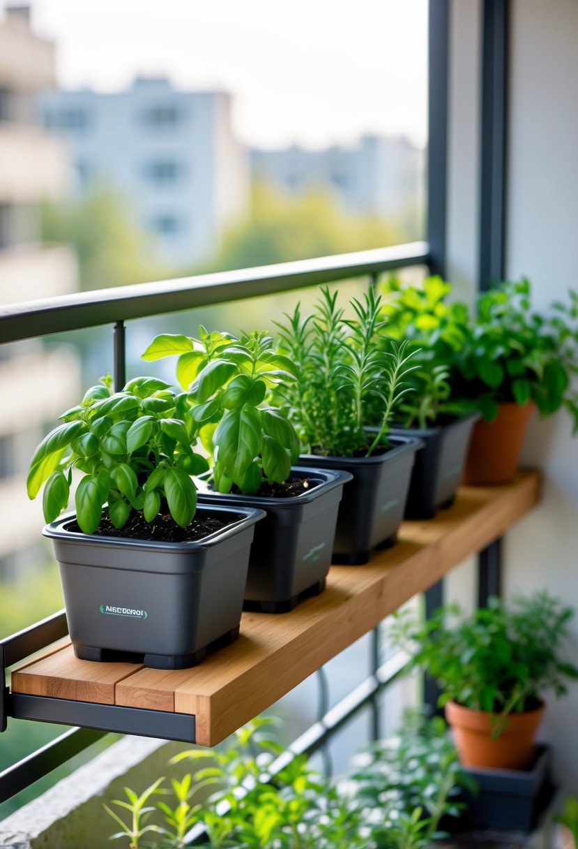 A small balcony with several self-watering pots containing green herbs arranged on shelves and railing.
