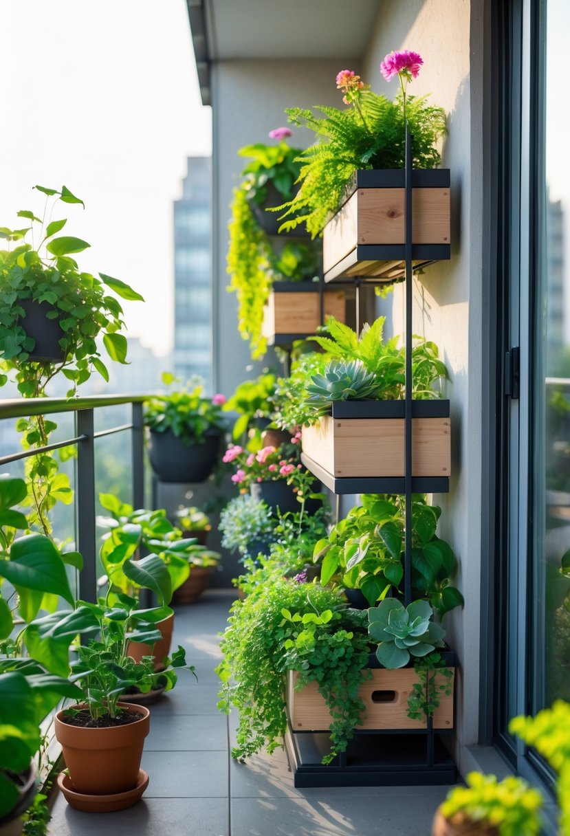 A small garden balcony with multi-tiered plant stands holding various green plants and colorful flowers arranged in layers.