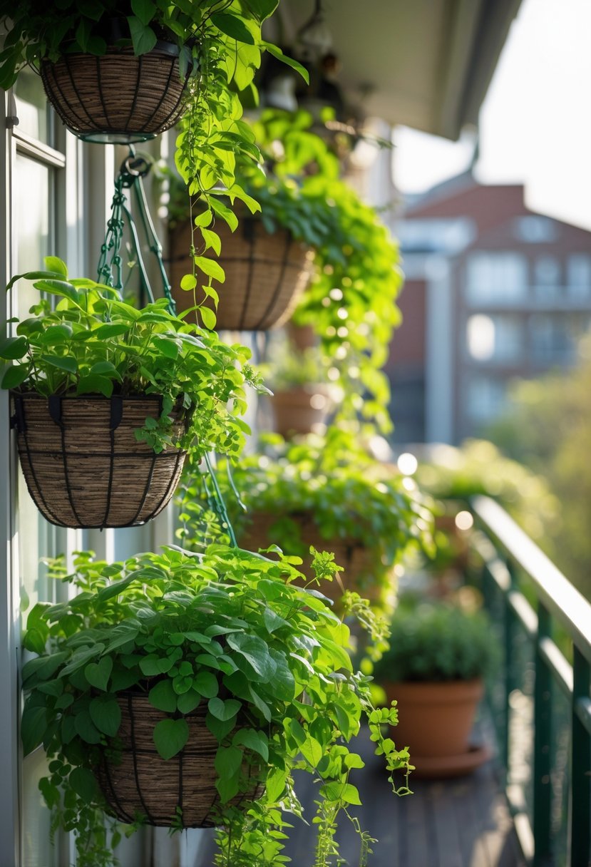 A small garden balcony with several hanging baskets filled with trailing green plants.