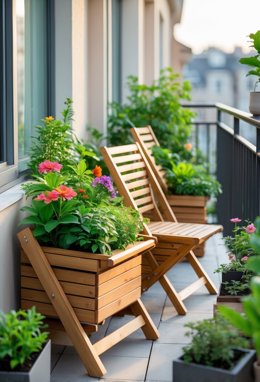 Small balcony with foldable wooden seating integrated with planter boxes filled with plants and flowers.