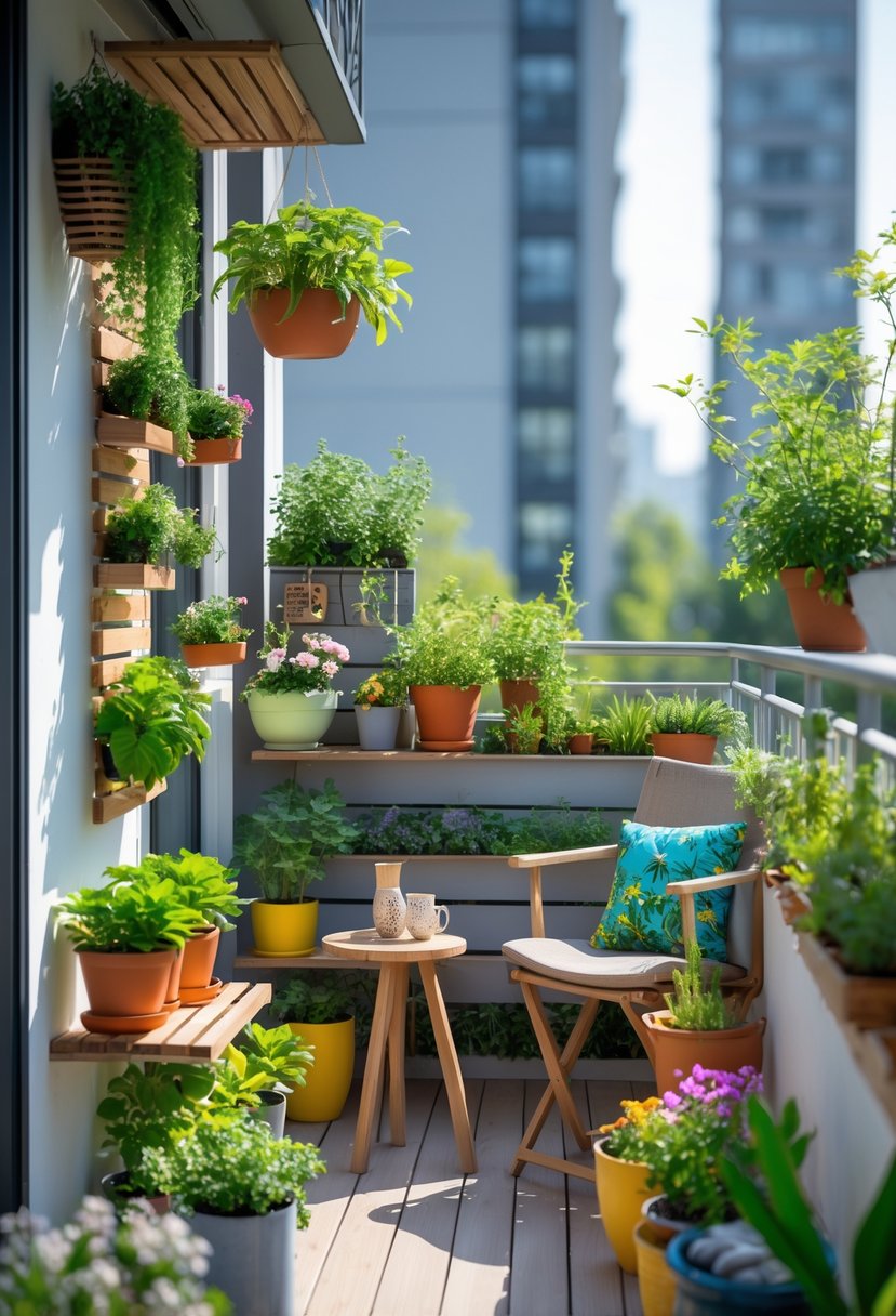 A small balcony garden with various plants in pots, a vertical garden, a small seating area, and decorative lights in an urban setting.