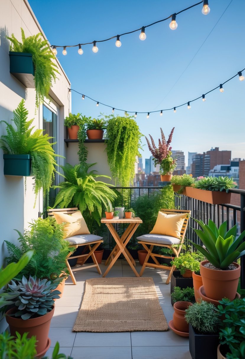 A small garden balcony with potted plants, a wooden table and chairs, cushions, and string lights overlooking city buildings.