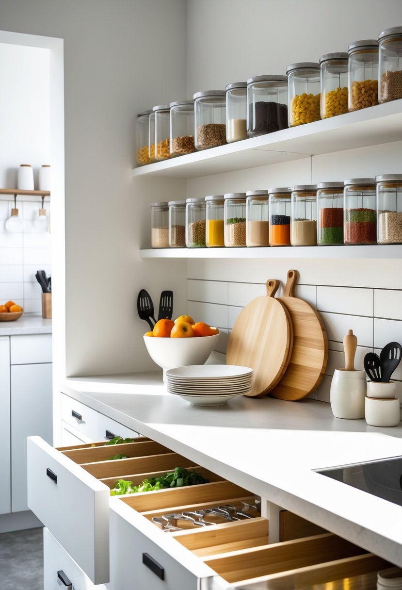 A modern kitchen with organized shelves, jars of dry goods, spice rack, and neatly arranged utensils.