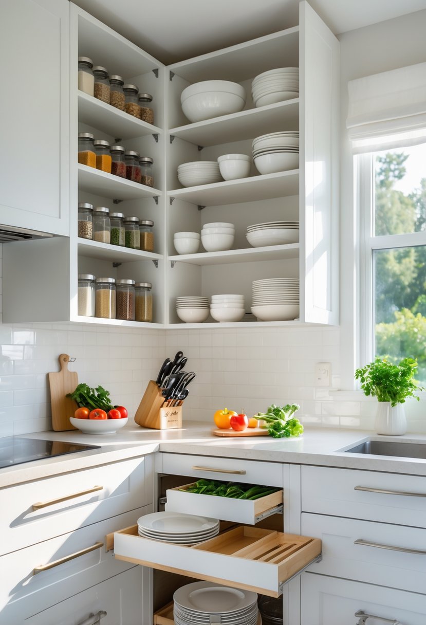 A modern kitchen with neatly organized shelves, drawers, and countertops displaying kitchen utensils, jars, and cookware.