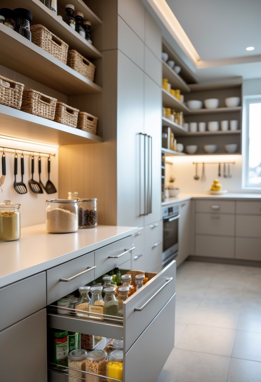 A modern kitchen with organized shelves, pull-out drawers, spice racks, and clear containers showing smart storage solutions.