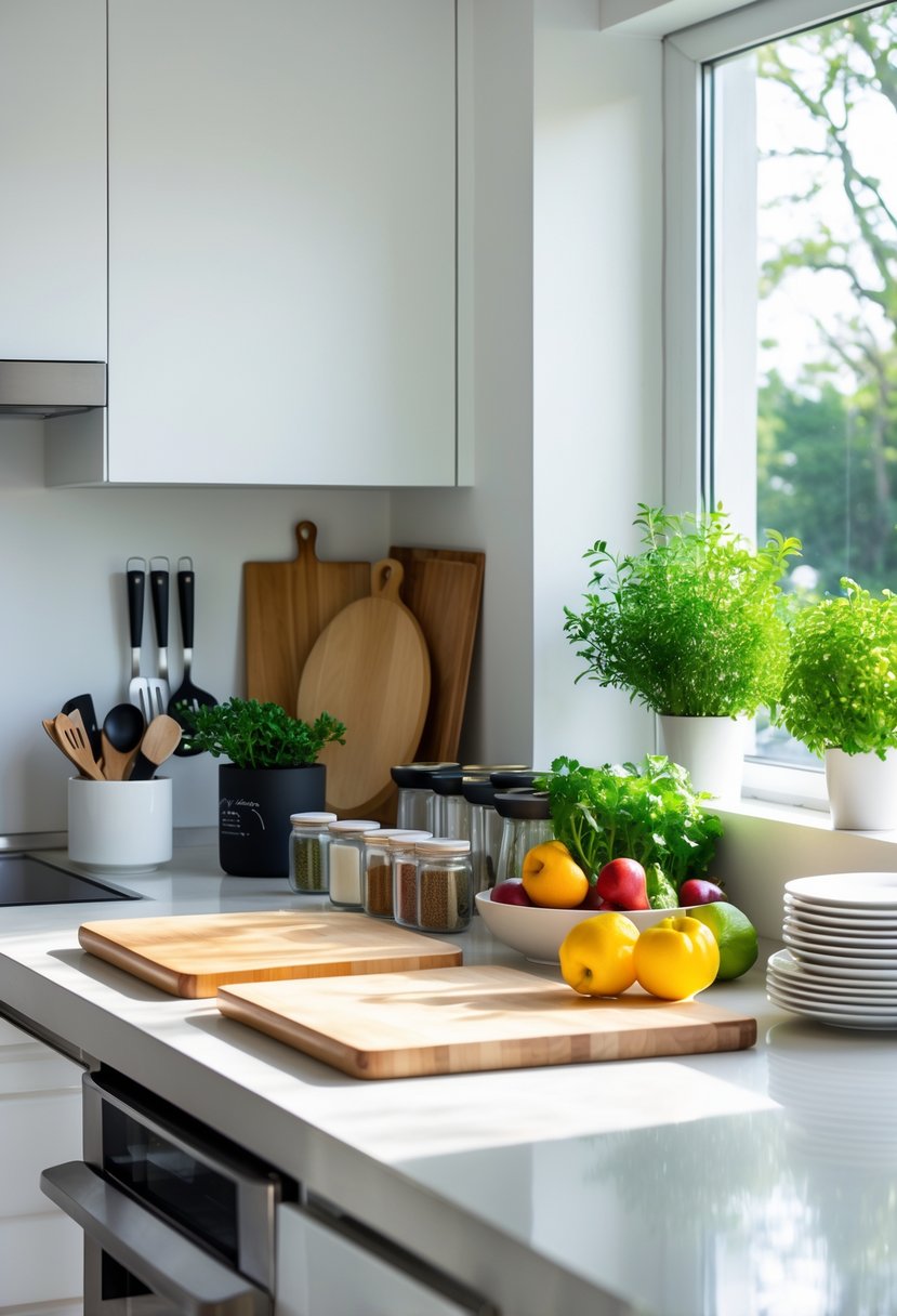 A clean and organized kitchen countertop with neatly arranged cooking utensils, spice jars, fresh fruits, and potted herbs.