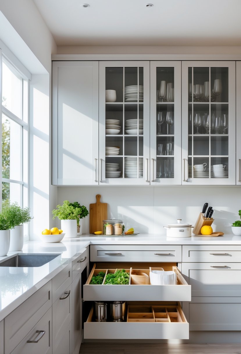 A modern kitchen with neatly organized cabinets, drawers, and countertops featuring kitchen storage containers and utensils.