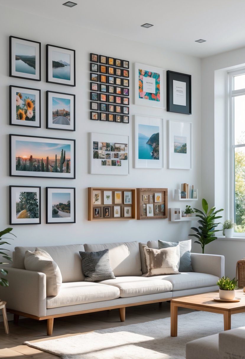 A living room with seven different photo gallery wall arrangements displayed on a white wall above a sofa.