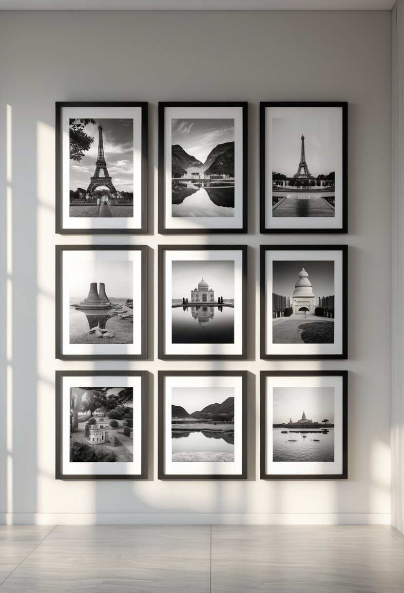 A symmetrical grid of seven black-and-white travel photographs displayed on a wall.