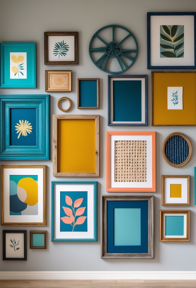 A wall displaying a variety of colorful picture frames in different shapes and sizes arranged in a gallery style.