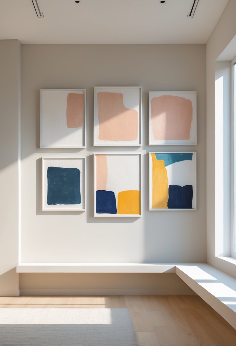 A living room wall displaying seven large artworks arranged neatly with a bench below and natural light illuminating the space.