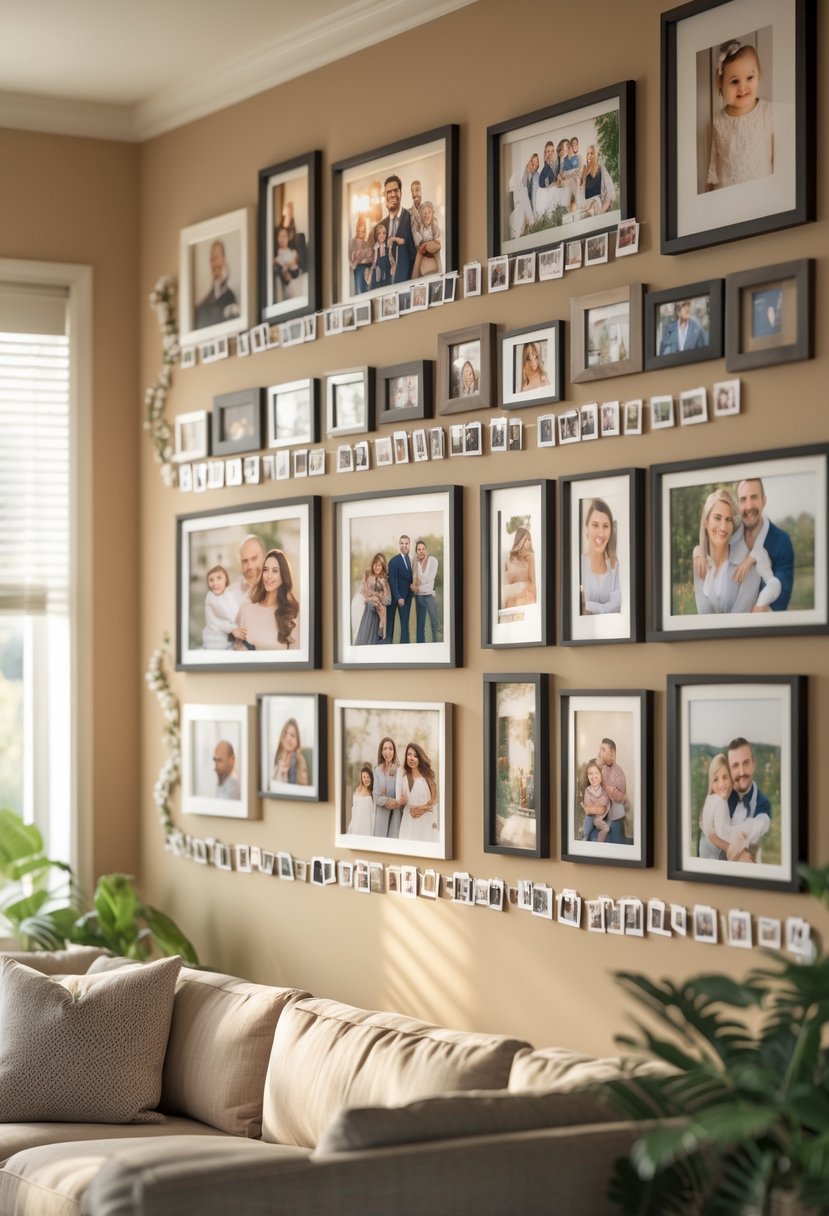 A living room wall displaying a series of framed family photos arranged in chronological order, showing various family events.