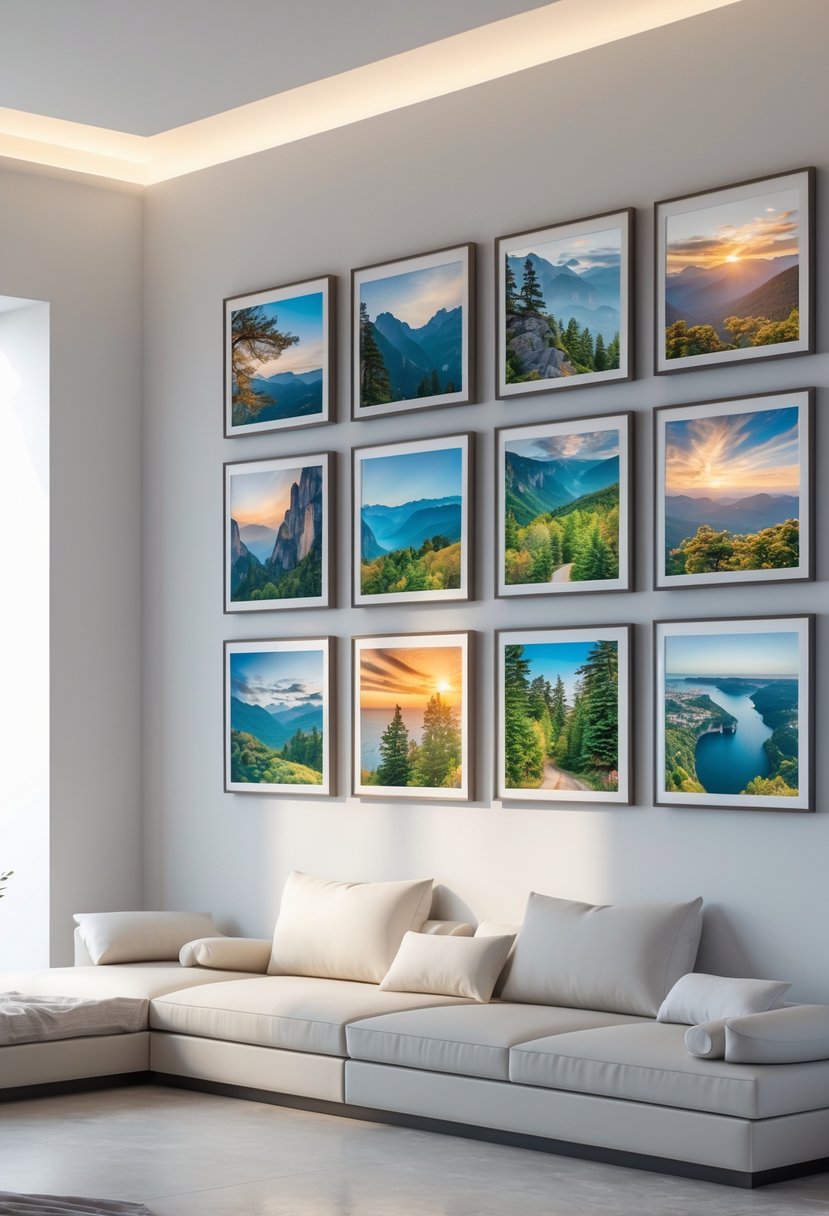 A living room wall displaying seven framed landscape photographs arranged in a panoramic gallery layout.
