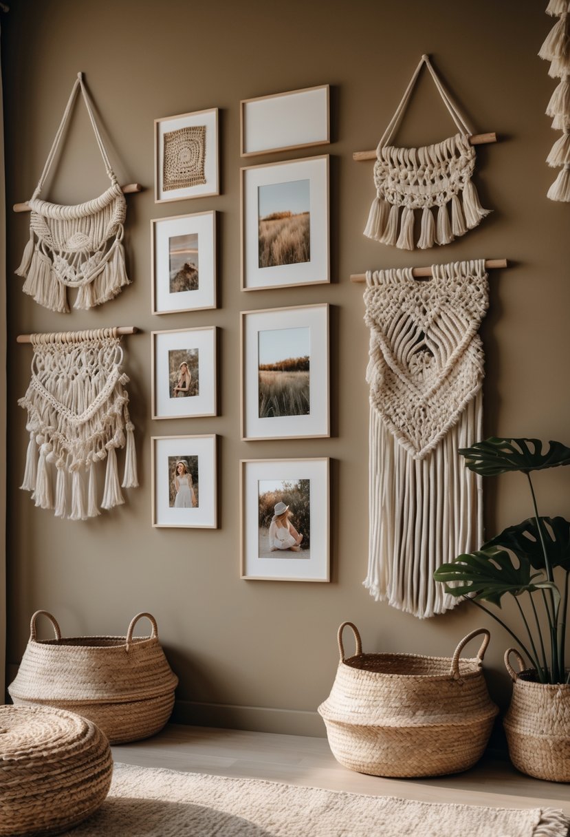 A wall decorated with seven framed photos and woven textile hangings in a cozy living space.