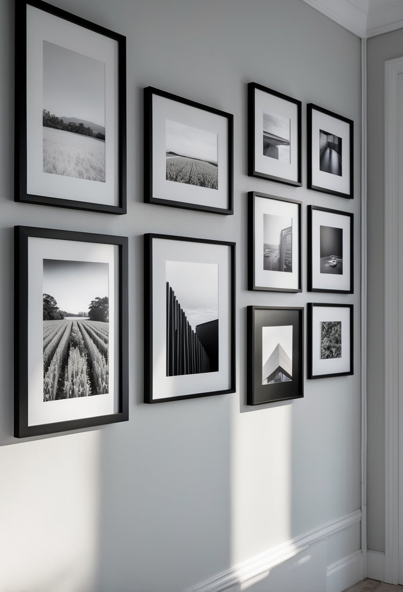 A wall with seven framed black and white photographs arranged in a gallery style, each frame having a different design.