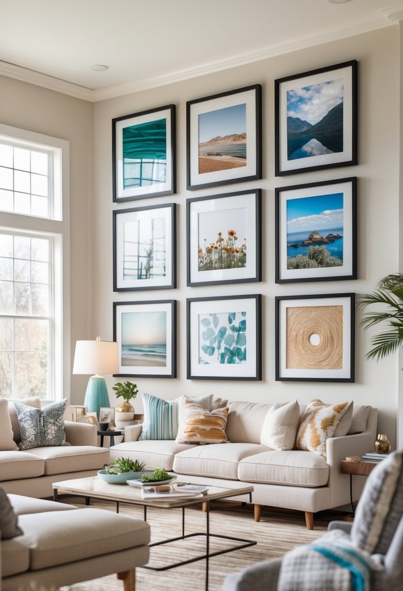 Living room with a gallery wall displaying seven framed photos arranged in a balanced layout above a sofa.
