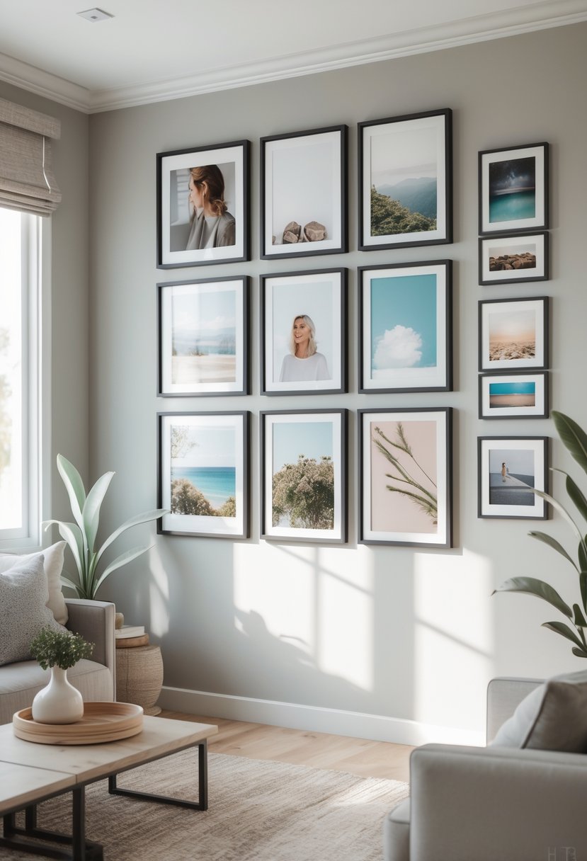 A living room wall displaying seven framed photographs arranged in a coordinated and balanced layout.