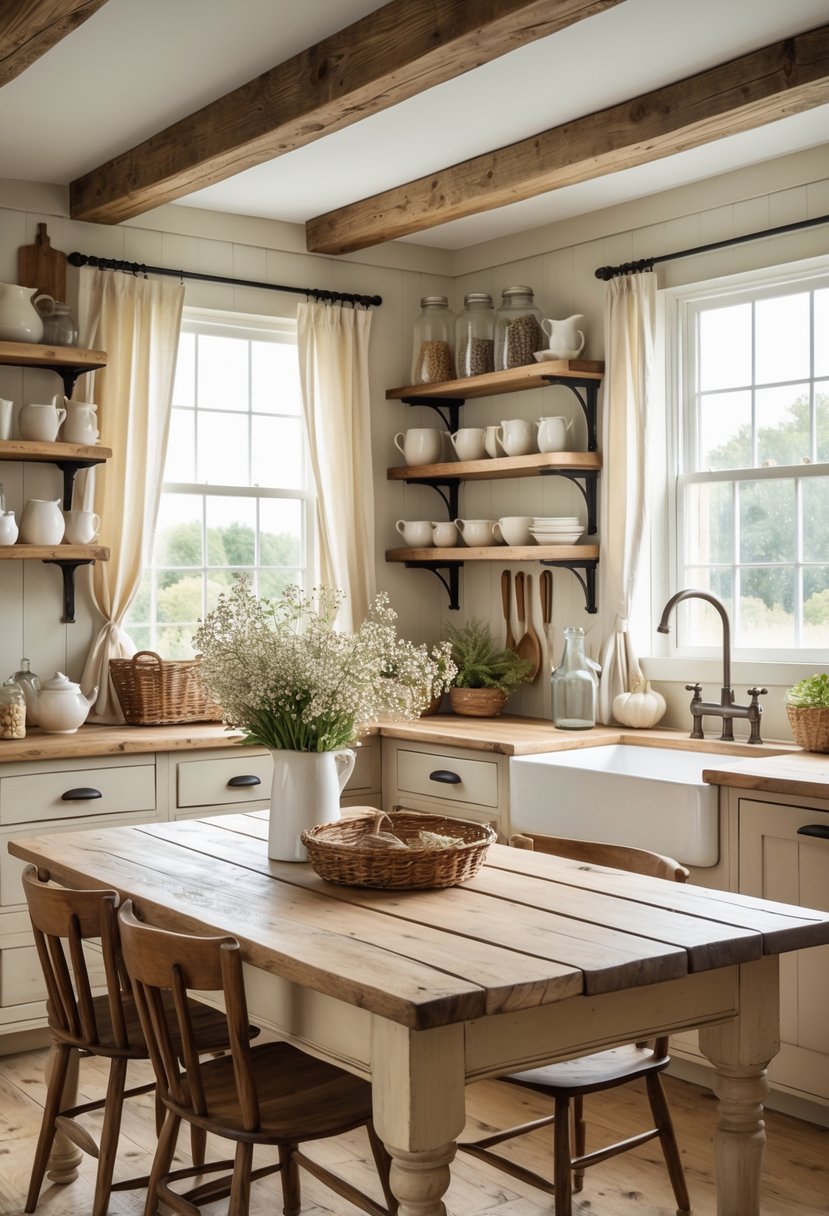A spacious kitchen with wooden cabinets, a large wooden table, open shelves with dishes, a farmhouse sink, and natural light coming through windows.