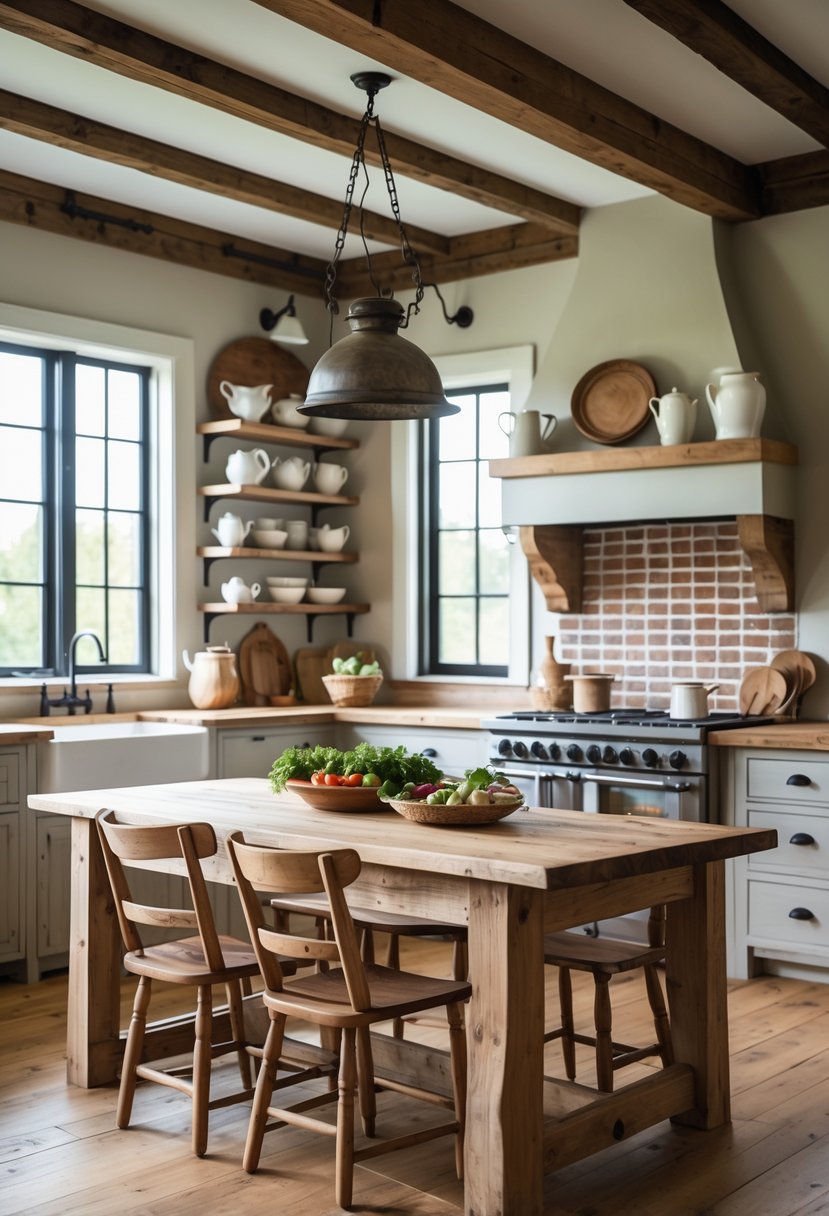 A bright kitchen with a large wooden dining table, chairs, a wooden island, open shelves with dishes, and exposed wooden beams.